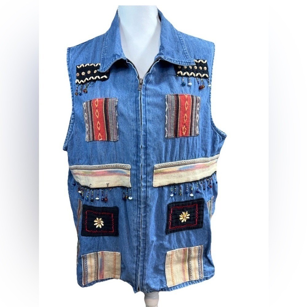 Womens XL CST Blues Denim Vest Blue Cotton Boho Southwestern Beaded Embroidered